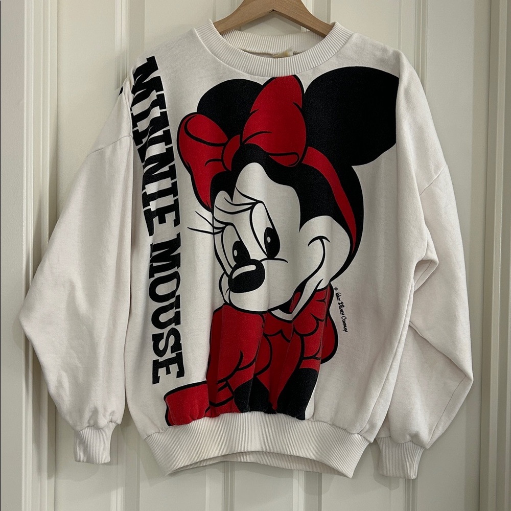 Vintage Disney Minnie Mouse Graphic Sweatshirt White Red Boxy Fit Pullover L